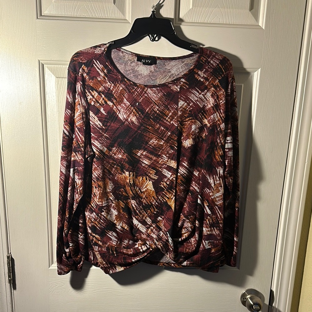 AMY Abstract Print Long Sleeve Top - Burgundy and Brown